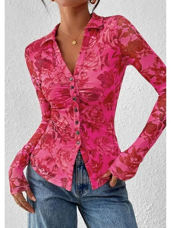 👑 Women's Pink Red Floral Long Sleeve V Neck Mesh Boho Button Front Shirt Top - Picture 2 of 6